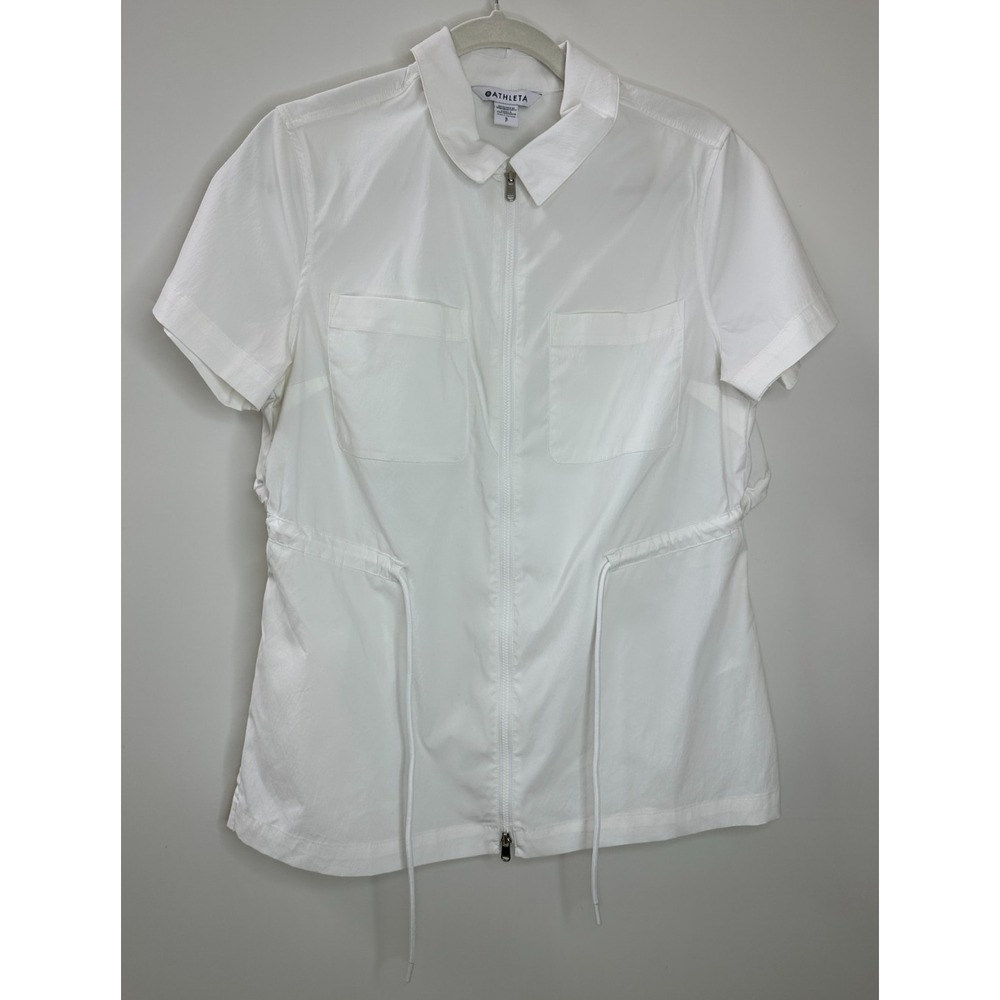 Athleta Advantage Cinch Top White Short Sleeve Full Zip Utility Shirt Small EUC - Picture 11 of 12